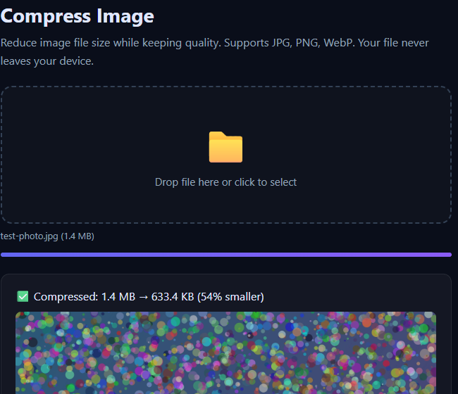 Compress Image tool: test-photo.jpg 1.4 MB compressed to 633.4 KB, 54% smaller
