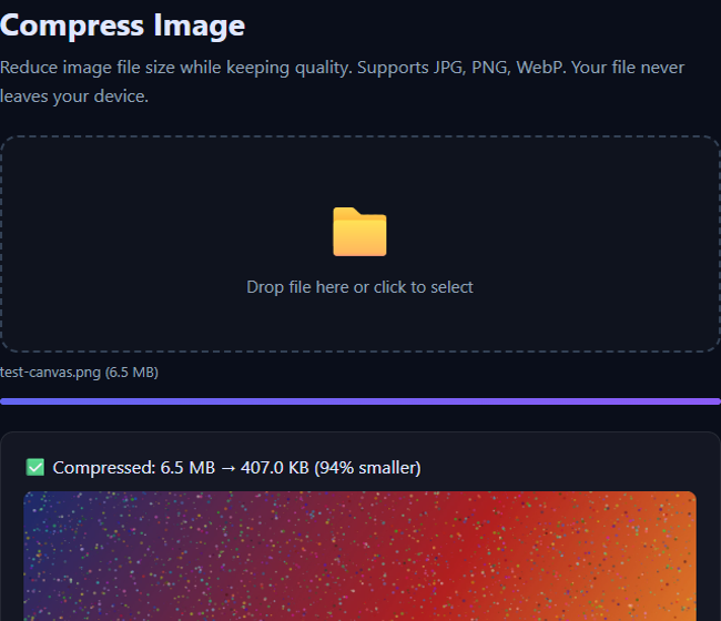 Compress Image tool: test-canvas.png 6.5 MB compressed to 407.0 KB, 94% smaller
