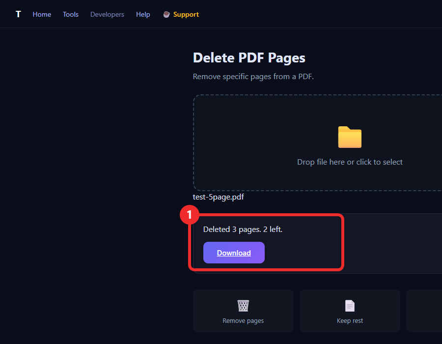 Result panel reading Deleted 3 pages, 2 left, after typing 2, 2, 4 into the delete-pages tool