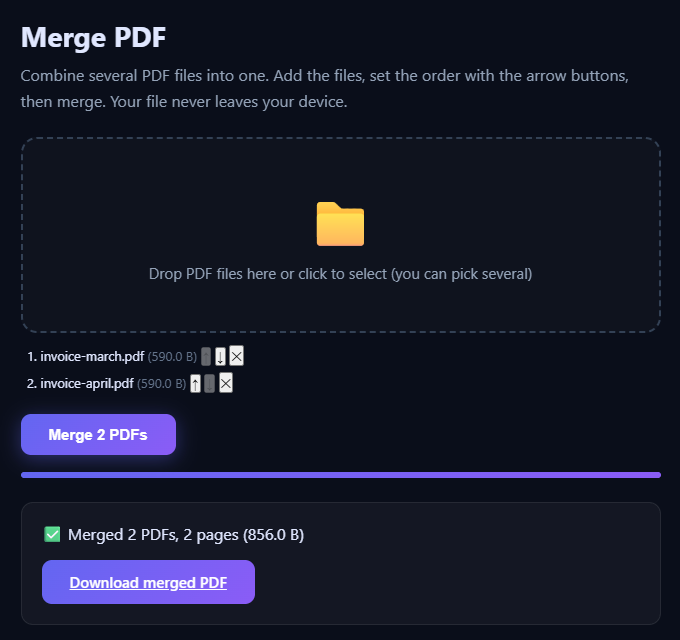 Merge PDF tool showing two invoices merged into a 2-page, 856-byte file